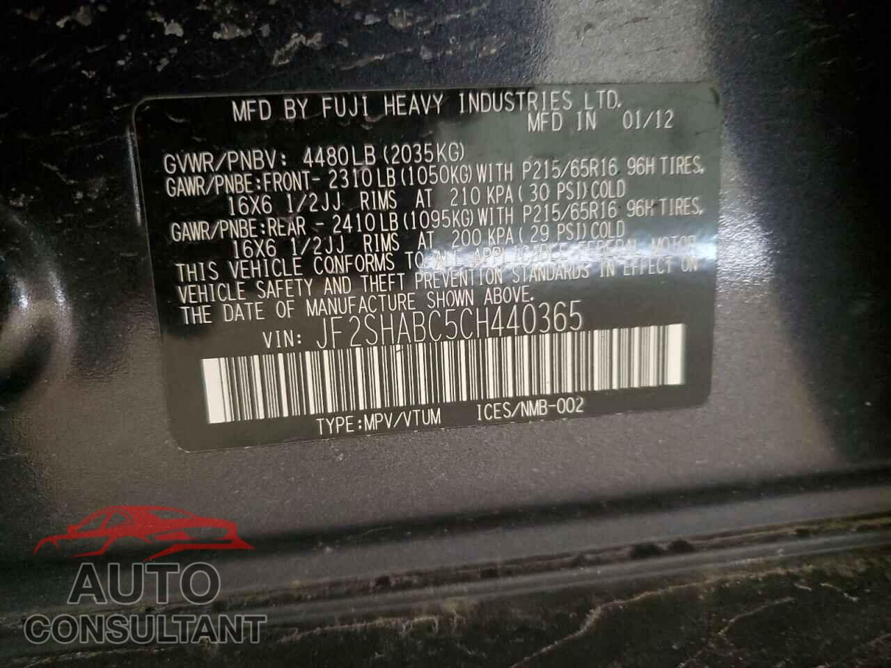 SUBARU FORESTER 2012 - JF2SHABC5CH440365