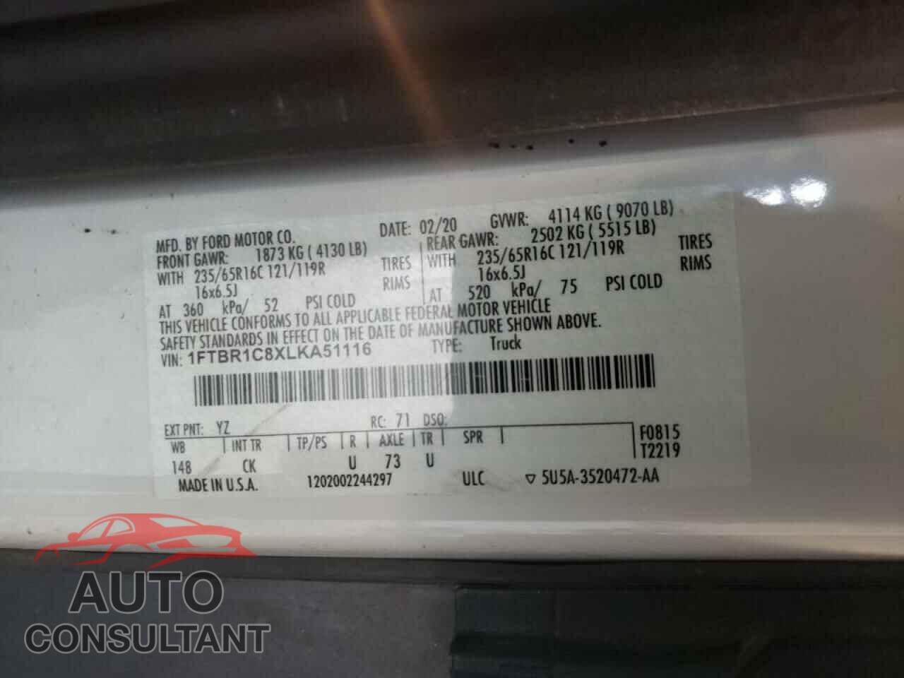 FORD TRANSIT CO 2020 - 1FTBR1C8XLKA51116