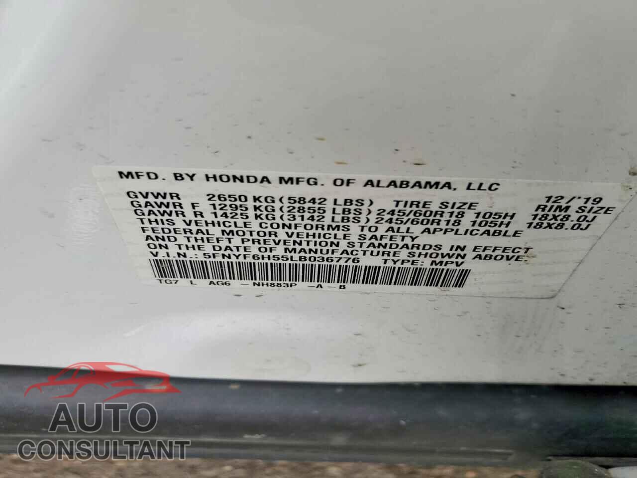 HONDA PILOT 2020 - 5FNYF6H55LB036776