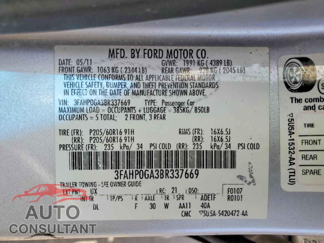 FORD FUSION 2011 - 3FAHP0GA3BR337669