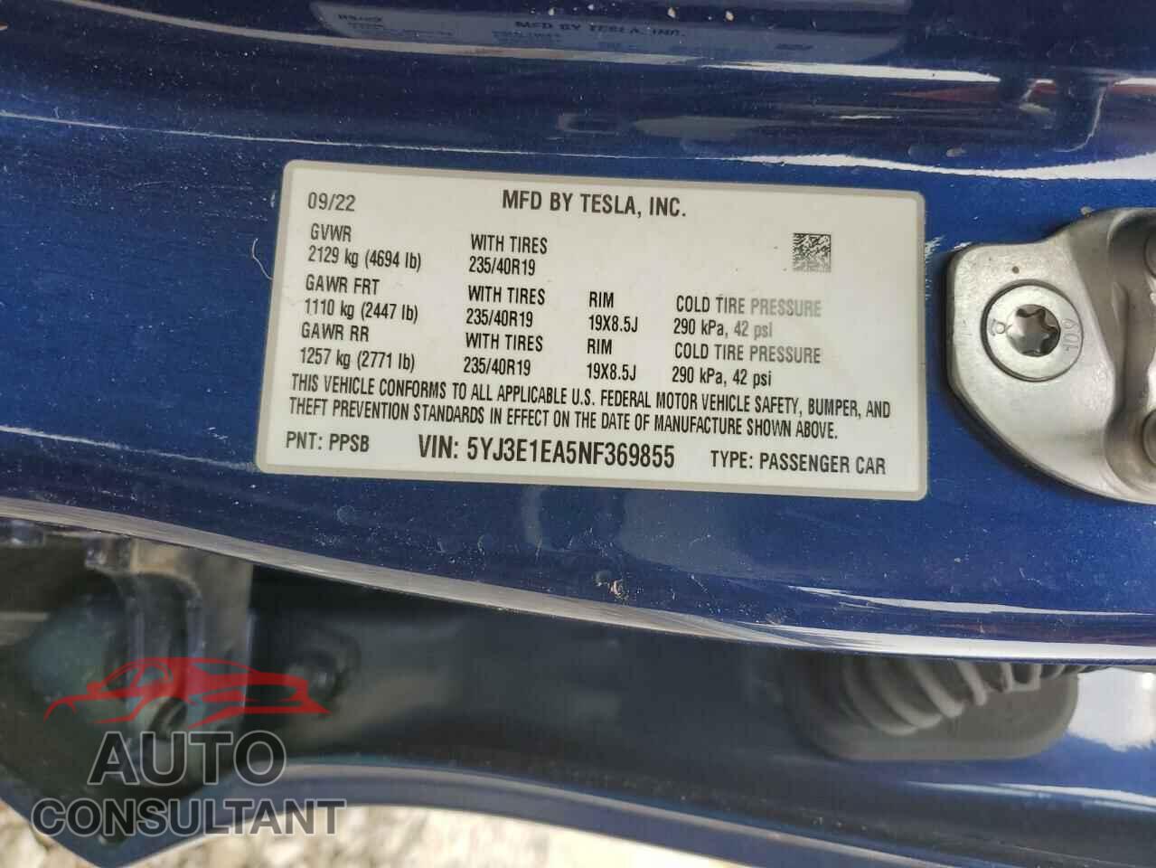 TESLA MODEL 3 2022 - 5YJ3E1EA5NF369855