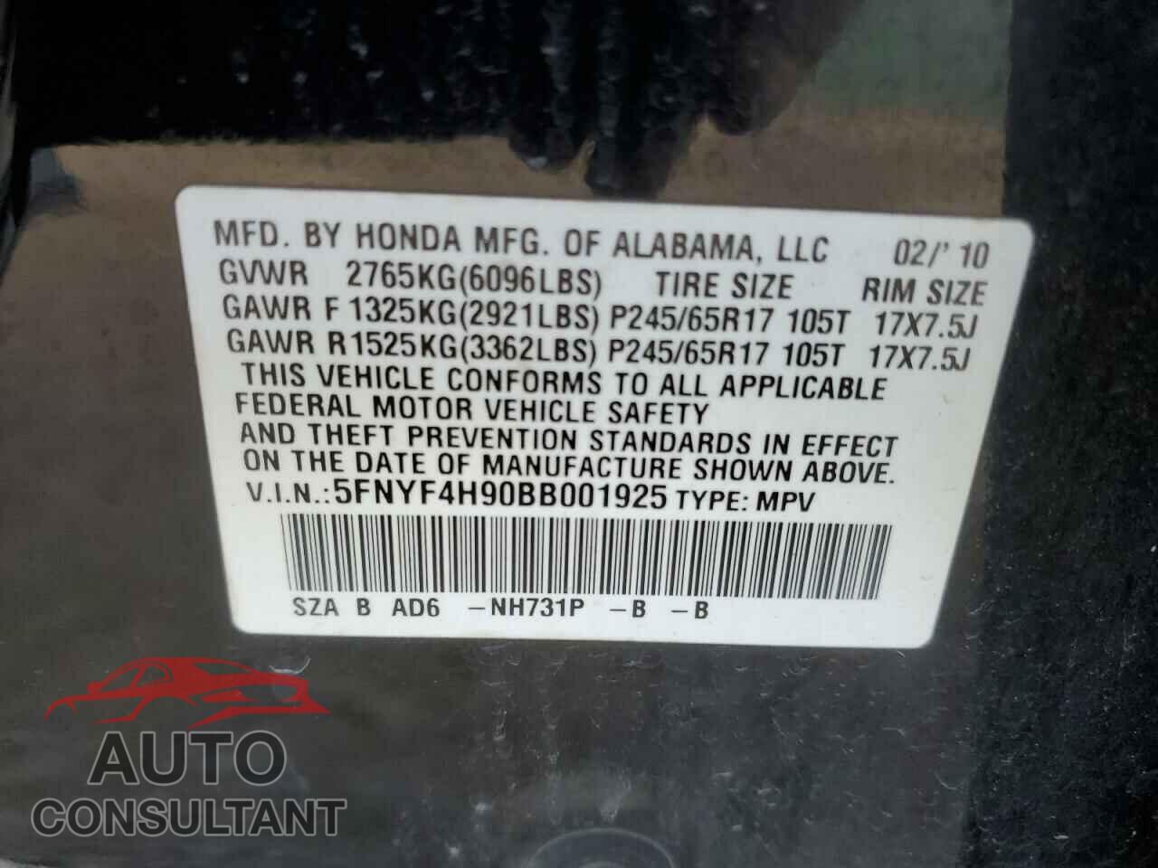 HONDA PILOT 2011 - 5FNYF4H90BB001925