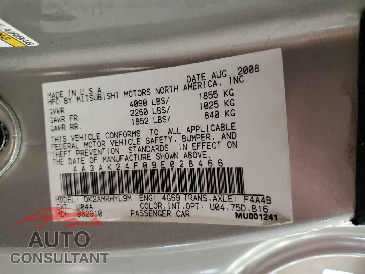 MITSUBISHI ECLIPSE 2009 - 4A3AK24F09E028466