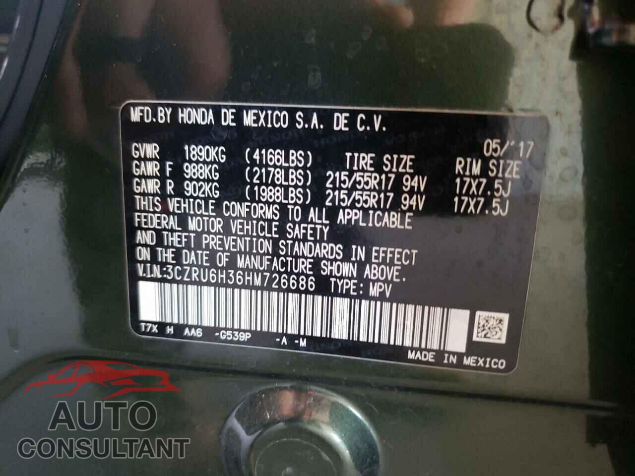 HONDA HR-V 2017 - 3CZRU6H36HM726686