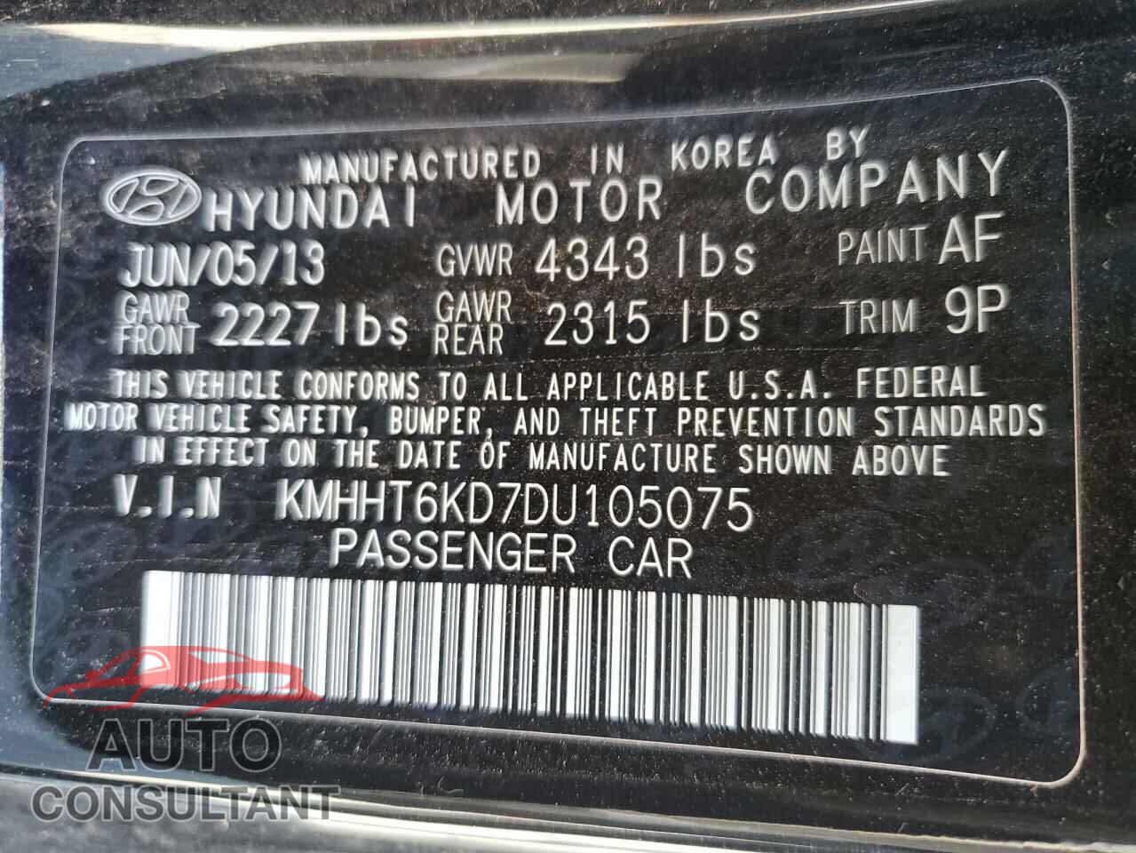HYUNDAI GENESIS 2013 - KMHHT6KD7DU105075