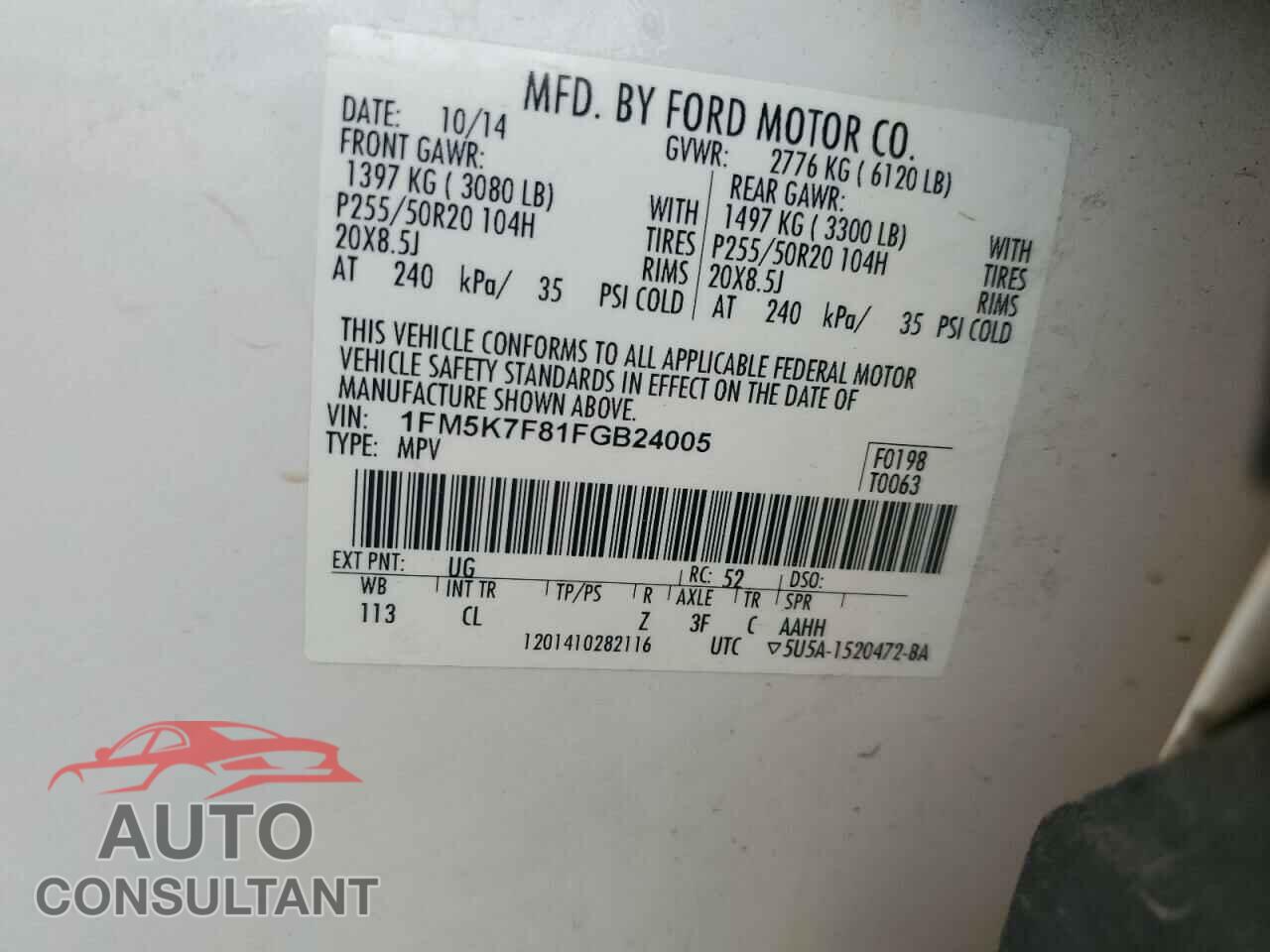 FORD EXPLORER 2015 - 1FM5K7F81FGB24005