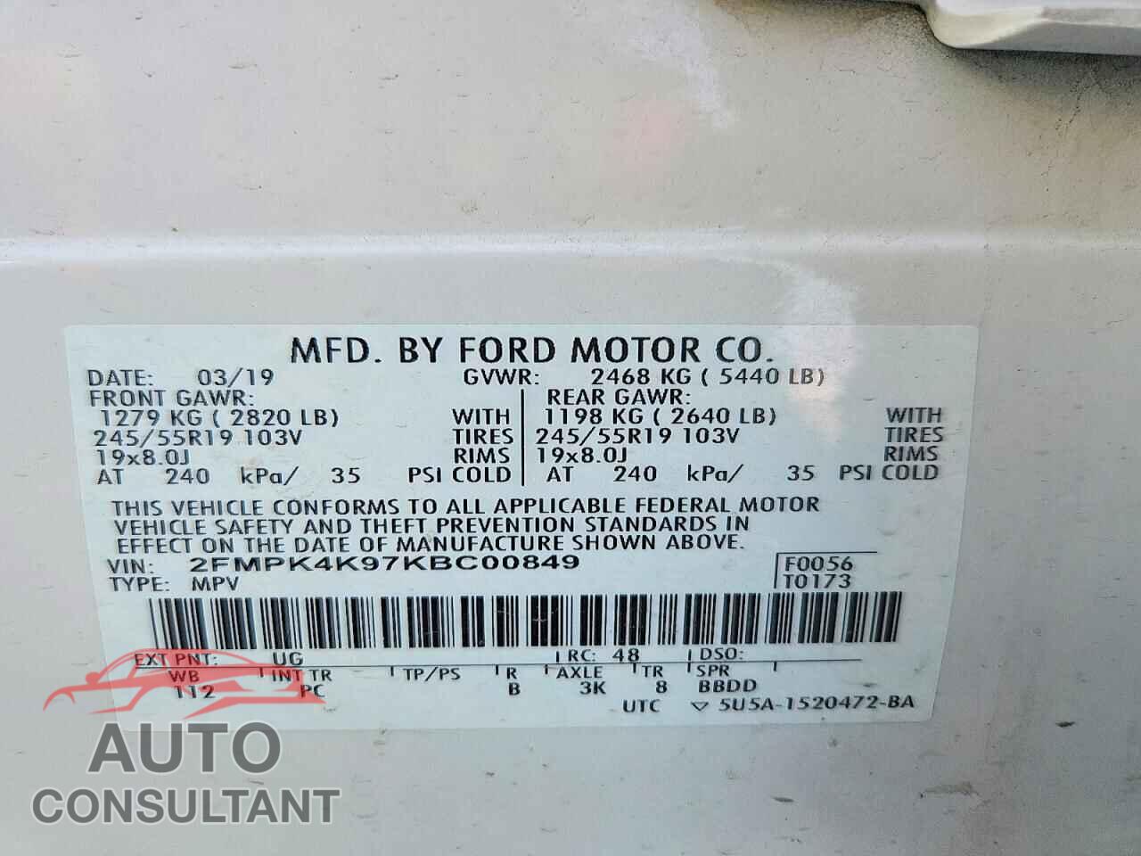 FORD EDGE 2019 - 2FMPK4K97KBC00849