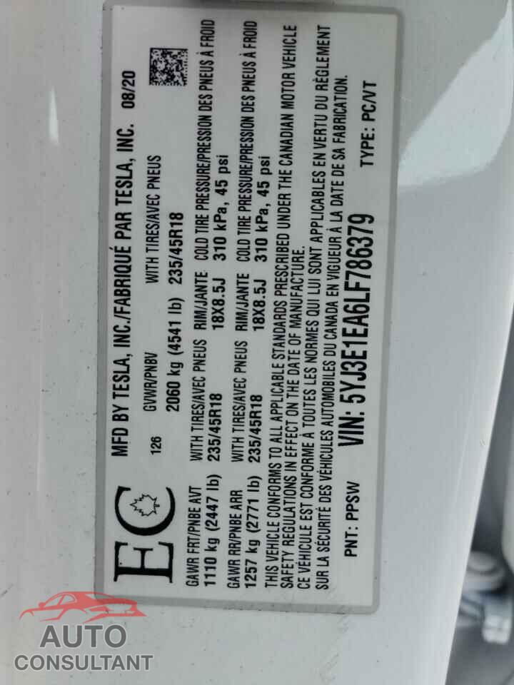 TESLA MODEL 3 2020 - 5YJ3E1EA6LF786379