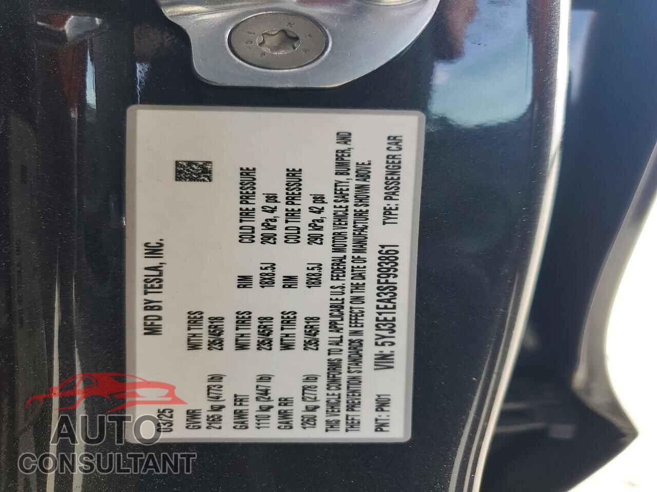 TESLA MODEL 3 2025 - 5YJ3E1EA3SF993861