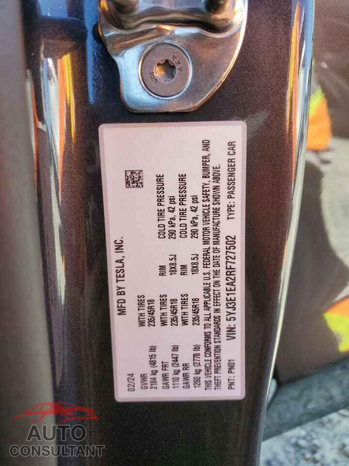 TESLA MODEL 3 2024 - 5YJ3E1EA2RF727502