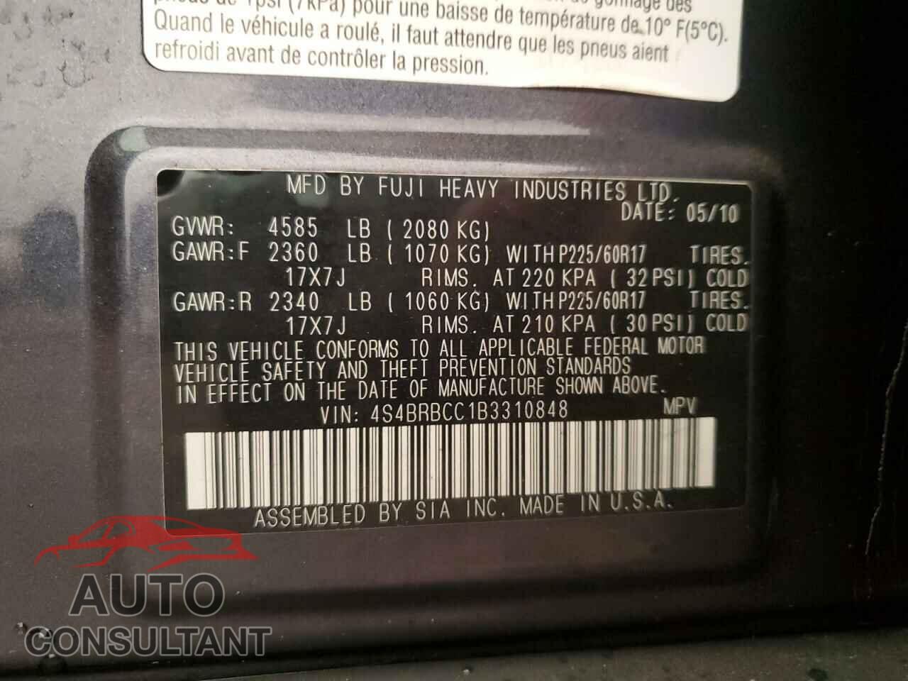 SUBARU OUTBACK 2011 - 4S4BRBCC1B3310848
