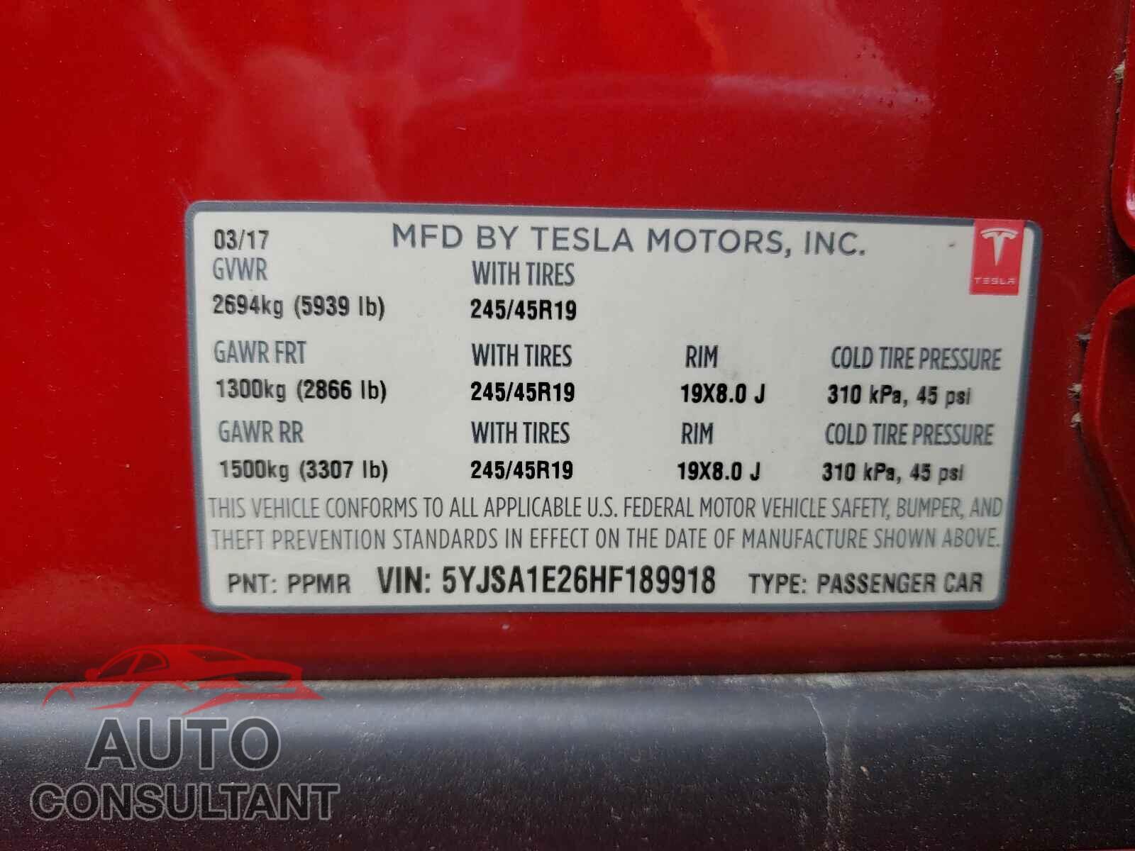 TESLA MODEL S 2017 - 5YJSA1E26HF189918