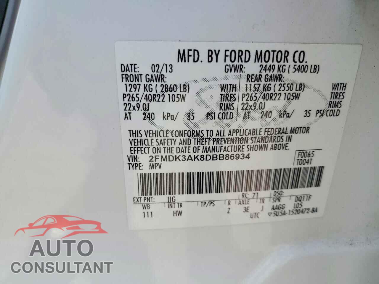 FORD EDGE 2013 - 2FMDK3AK8DBB86934