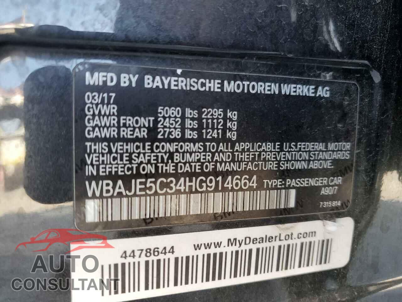 BMW 5 SERIES 2017 - WBAJE5C34HG914664
