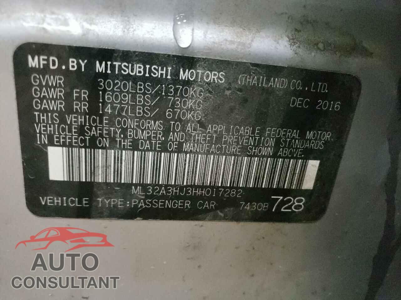 MITSUBISHI MIRAGE 2017 - ML32A3HJ3HH017282