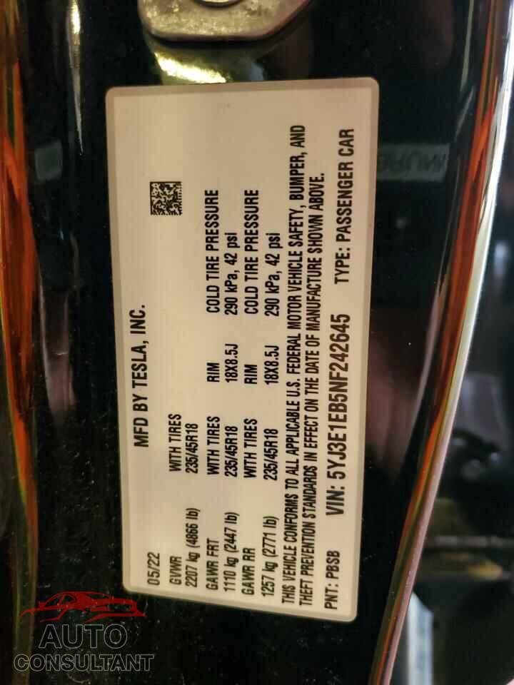 TESLA MODEL 3 2022 - 5YJ3E1EB5NF242645