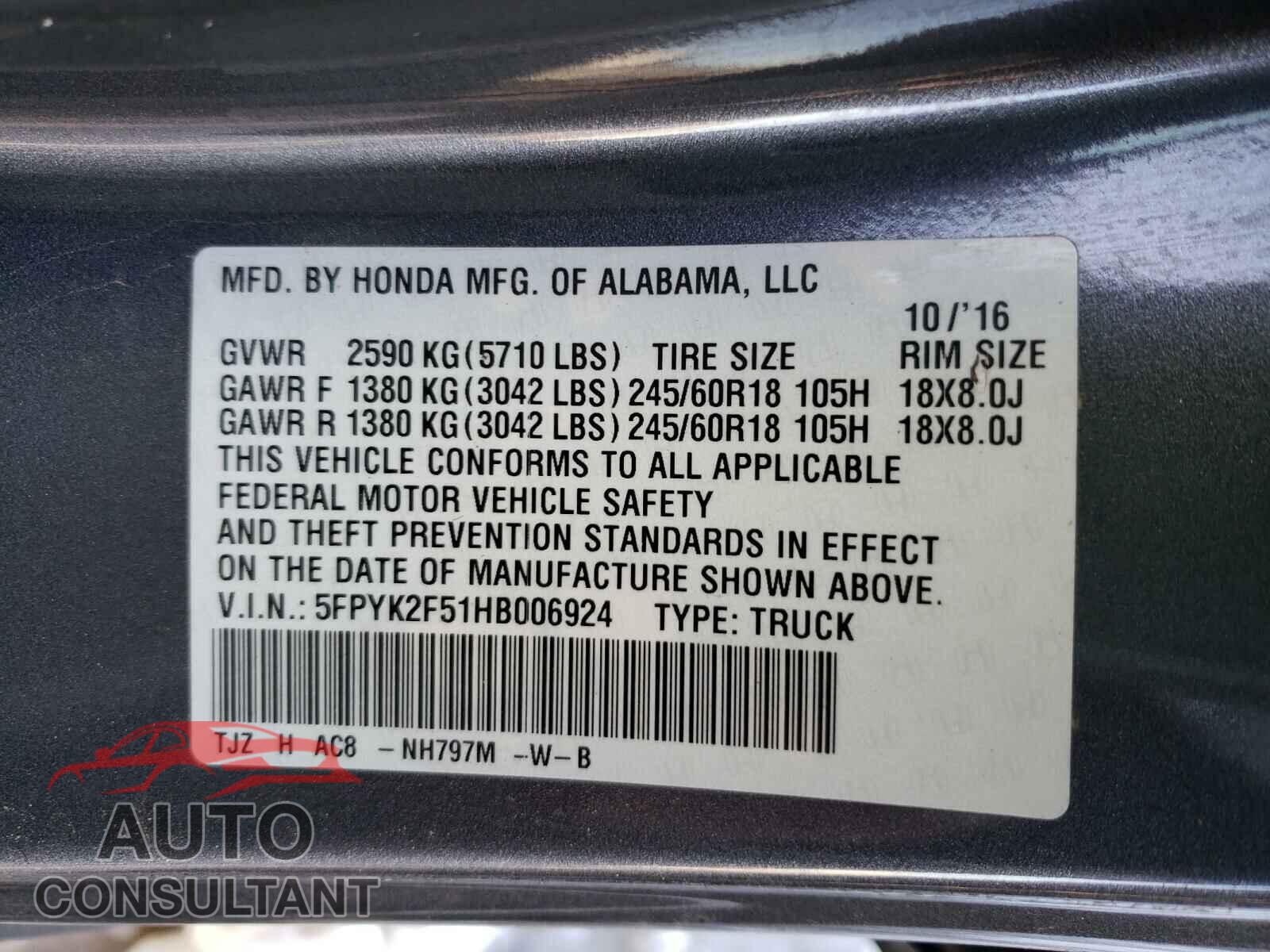 HONDA RIDGELINE 2017 - 5FPYK2F51HB006924