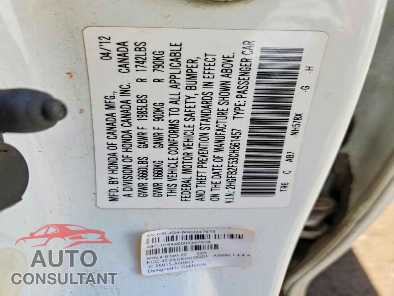 HONDA CIVIC 2012 - 2HGFB2F53CH561457