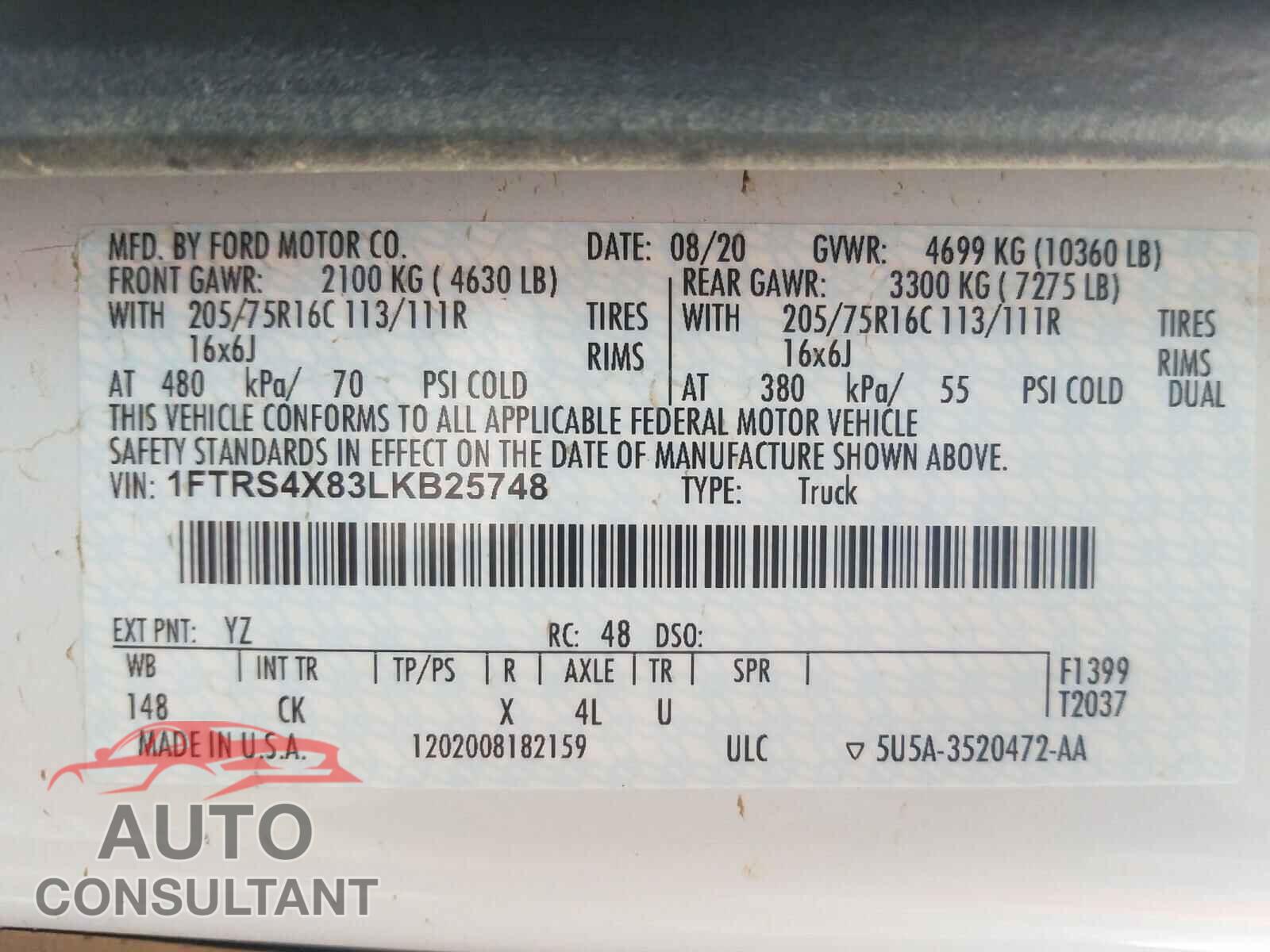FORD TRANSIT CO 2020 - 1FTRS4X83LKB25748