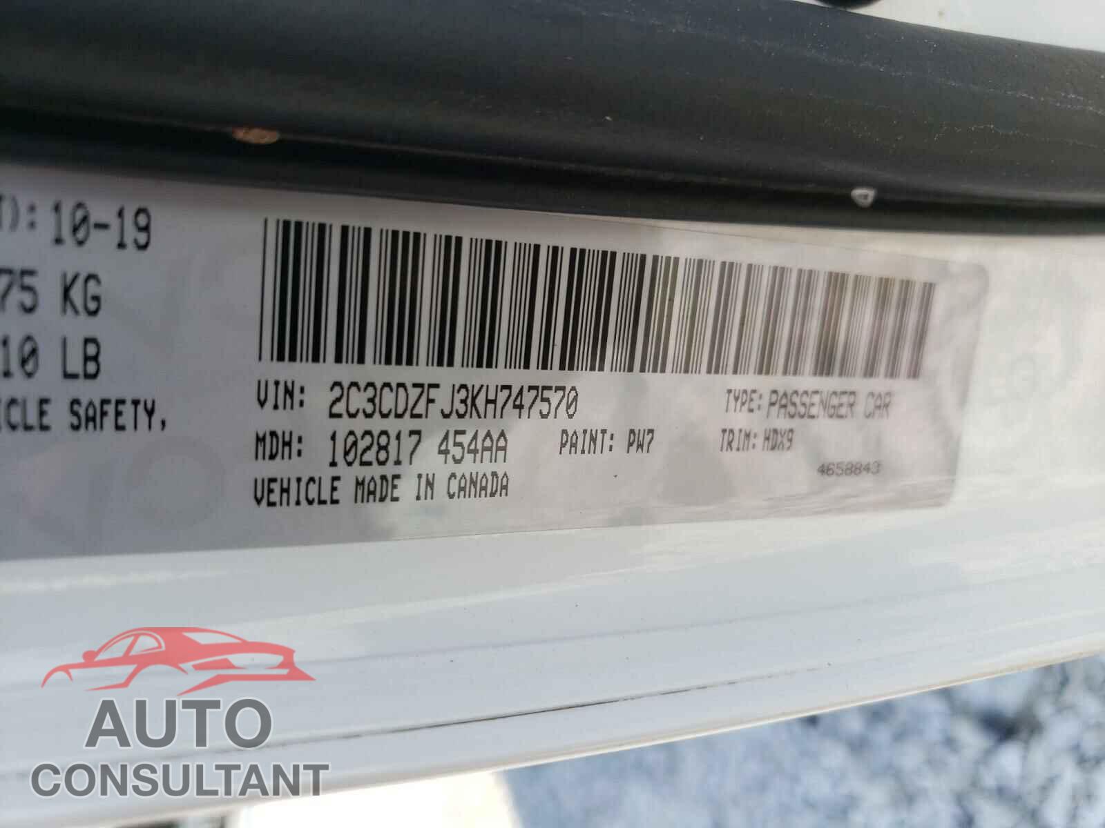DODGE CHALLENGER 2019 - 2C3CDZFJ3KH747570