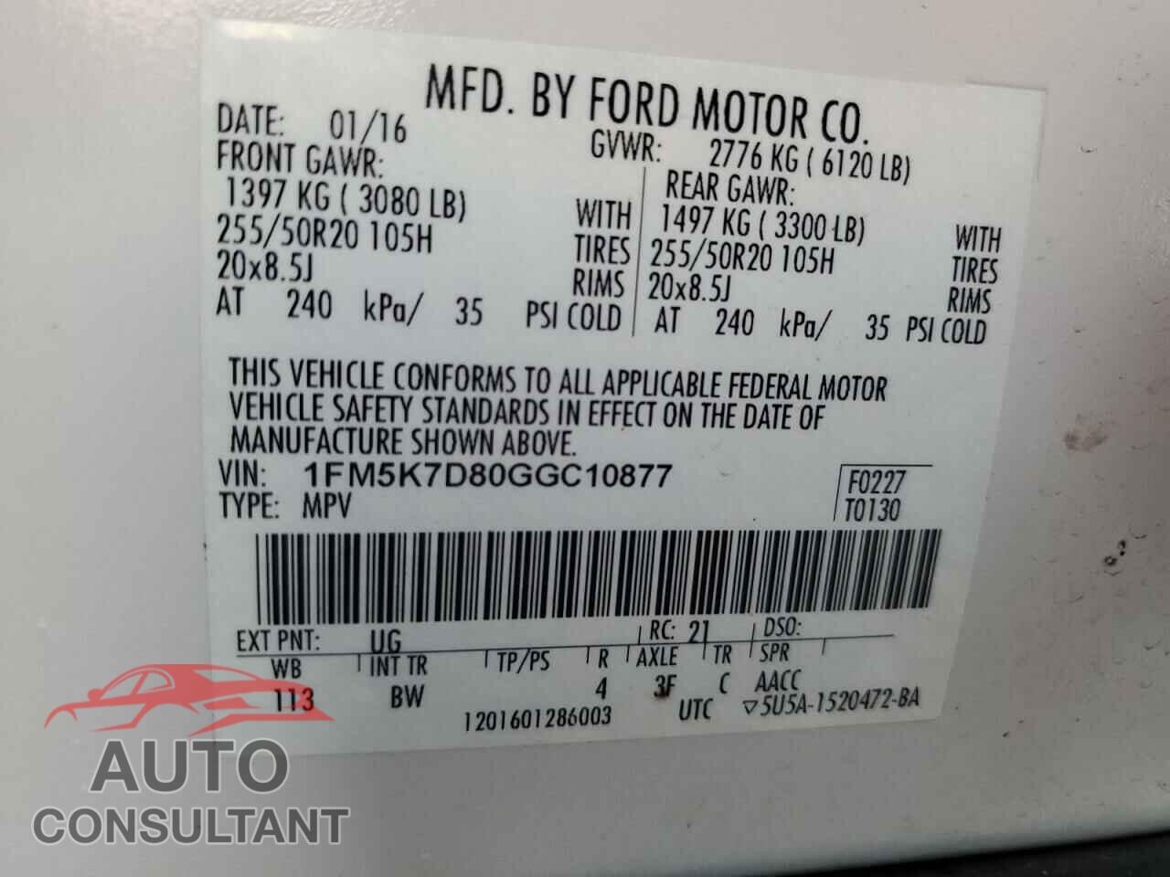 FORD EXPLORER 2016 - 1FM5K7D80GGC10877