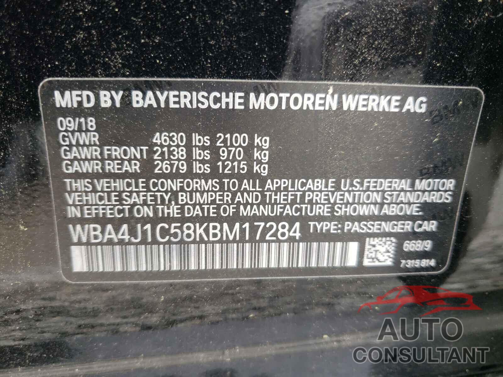 BMW 4 SERIES 2019 - WBA4J1C58KBM17284