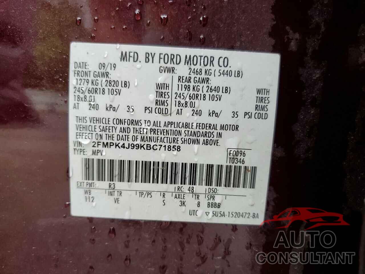 FORD EDGE 2019 - 2FMPK4J99KBC71858