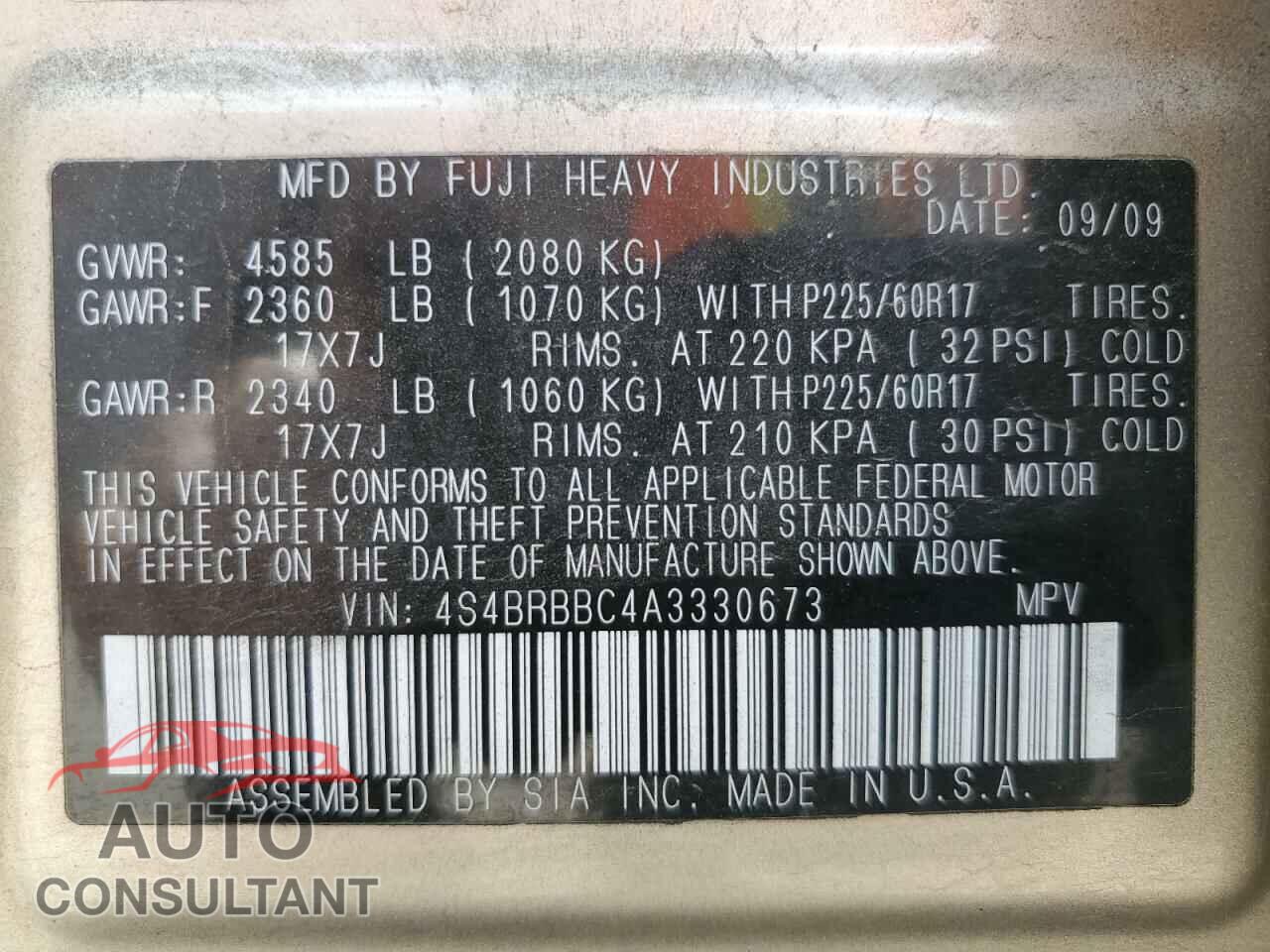 SUBARU OUTBACK 2010 - 4S4BRBBC4A3330673