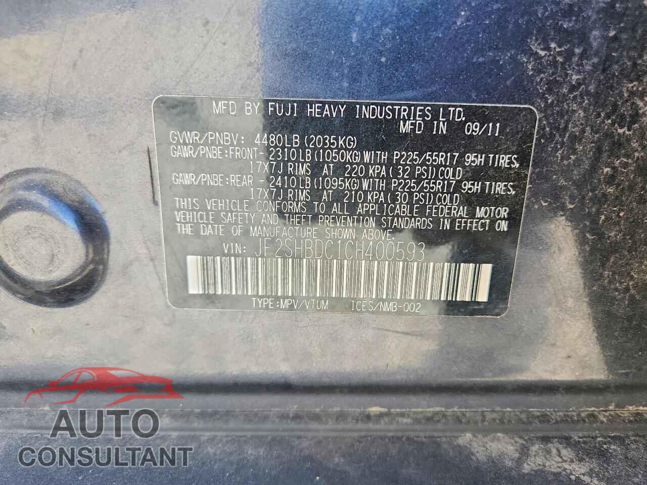 SUBARU FORESTER 2012 - JF2SHBDC1CH400593