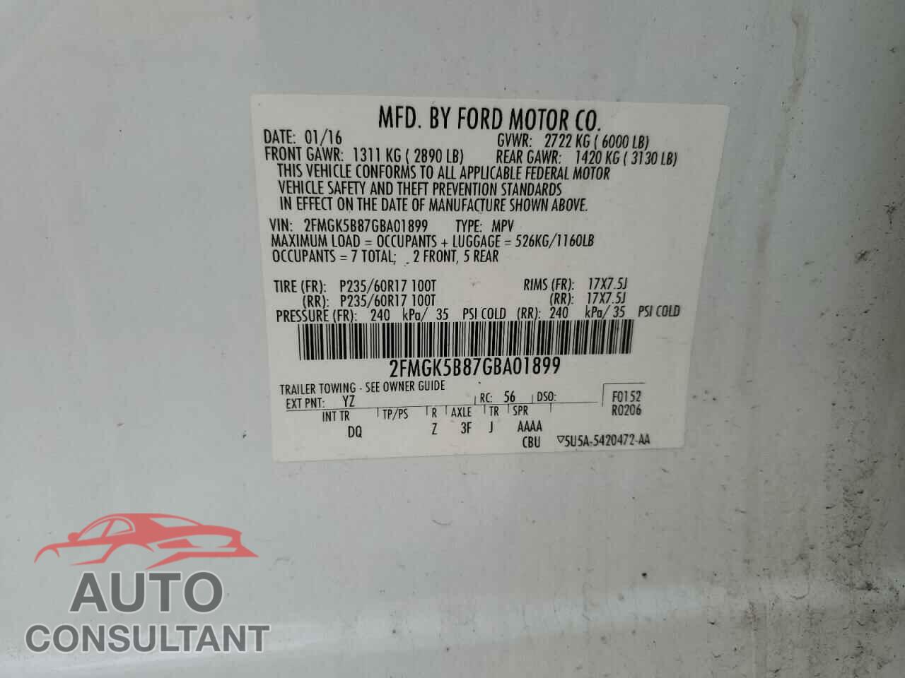 FORD FLEX 2016 - 2FMGK5B87GBA01899