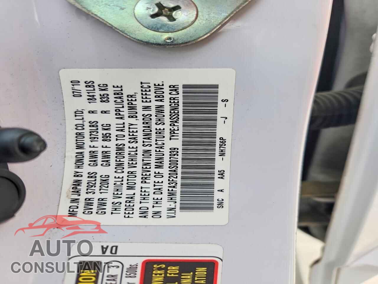 HONDA CIVIC 2010 - JHMFA3F20AS007939