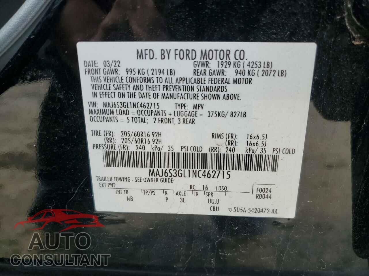 FORD ECOSPORT 2022 - MAJ6S3GL1NC462715