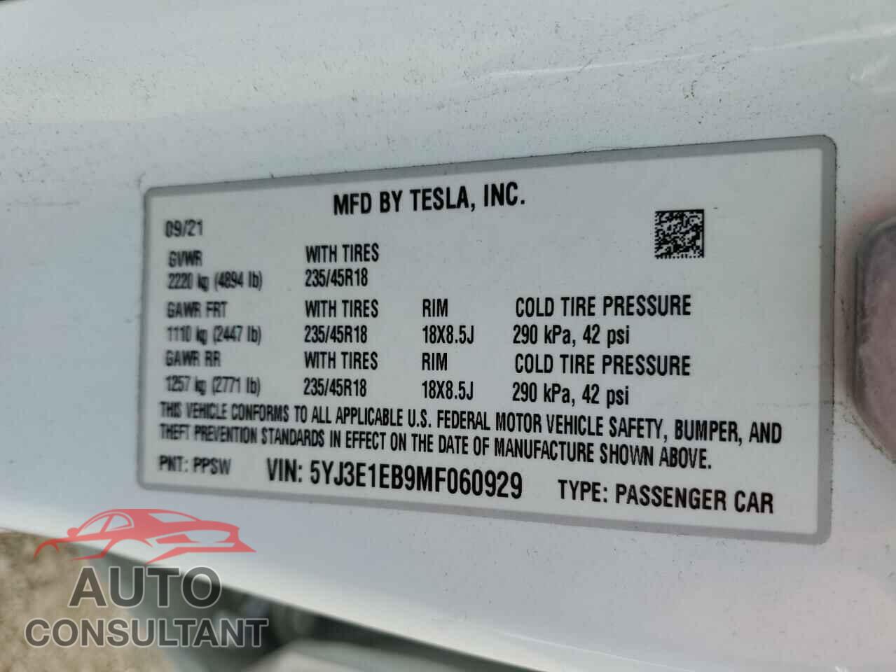 TESLA MODEL 3 2021 - 5YJ3E1EB9MF060929