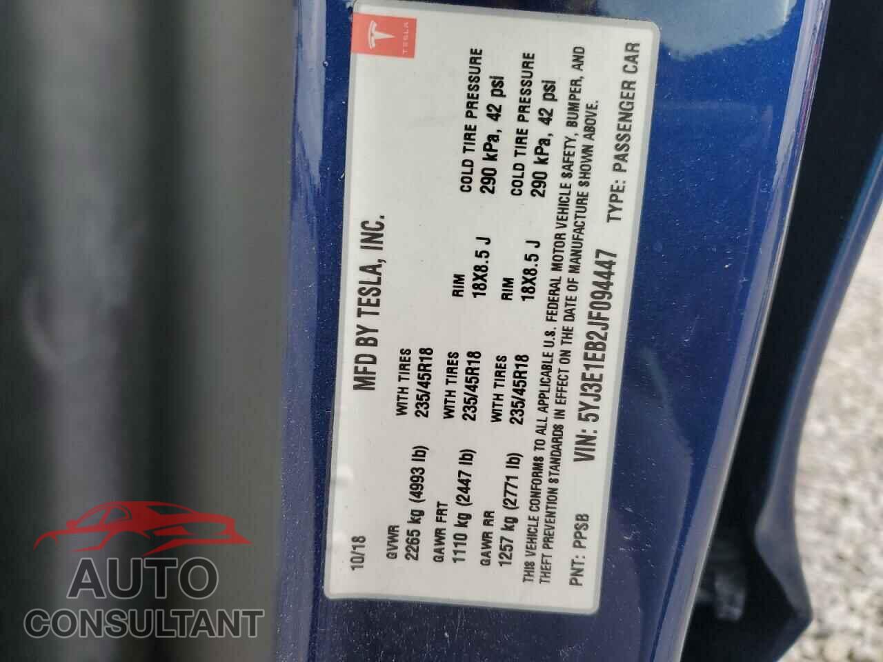 TESLA MODEL 3 2018 - 5YJ3E1EB2JF094447