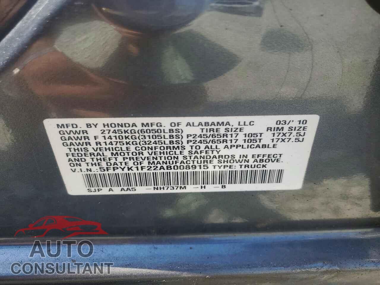 HONDA RIDGELINE 2010 - 5FPYK1F22AB008915