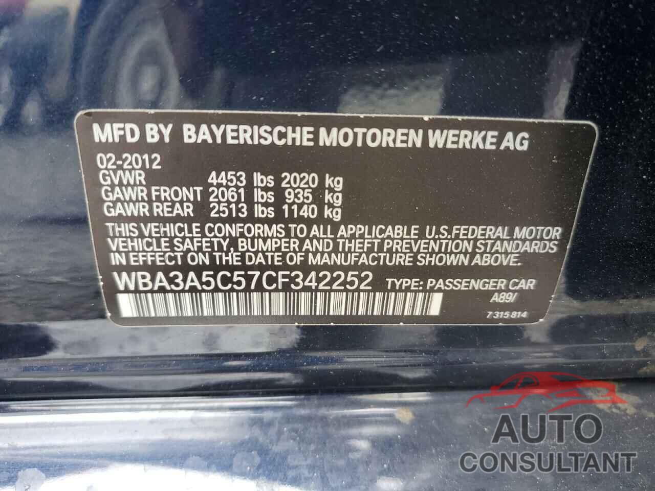 BMW 3 SERIES 2012 - WBA3A5C57CF342252