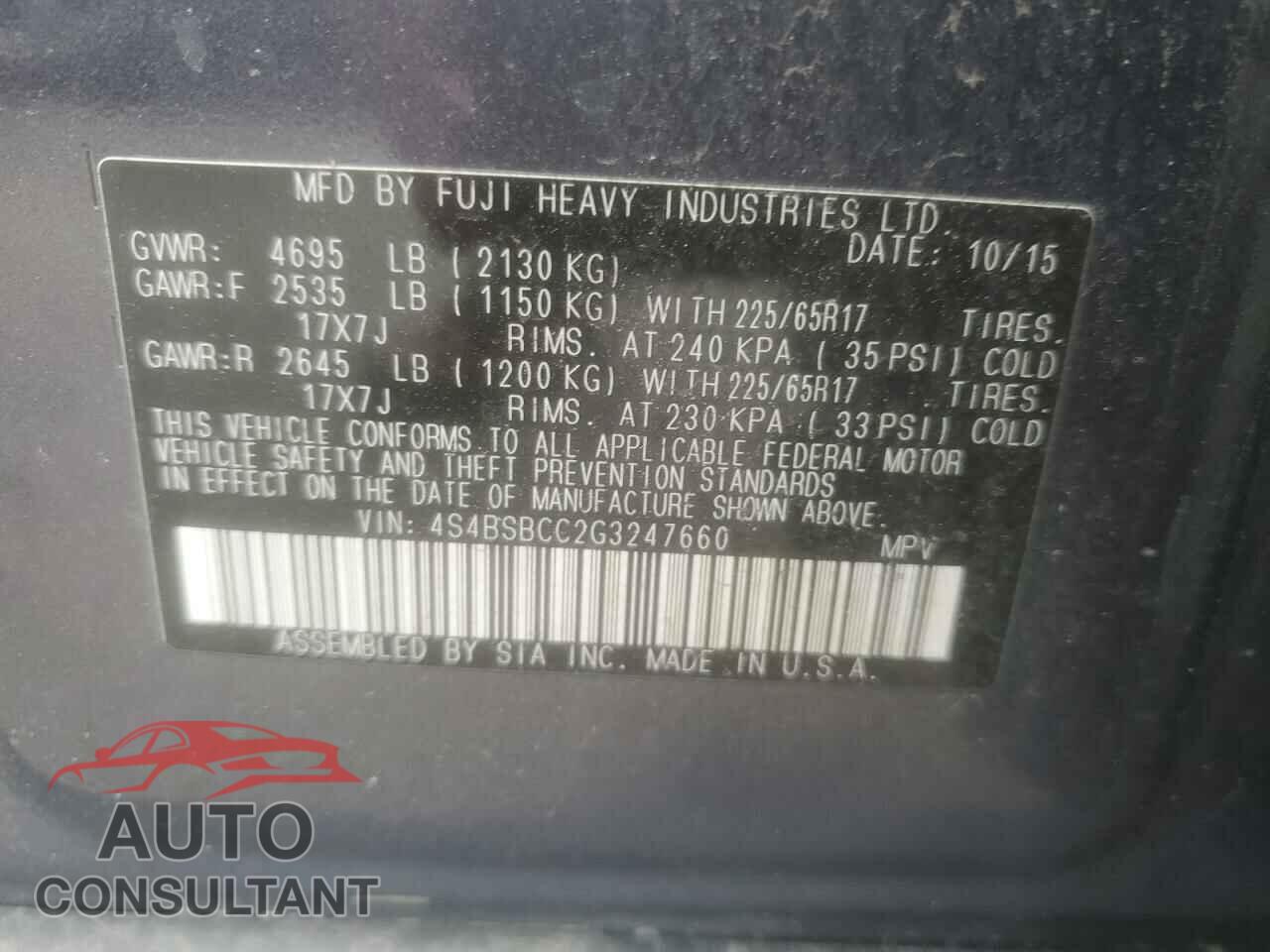 SUBARU OUTBACK 2016 - 4S4BSBCC2G3247660