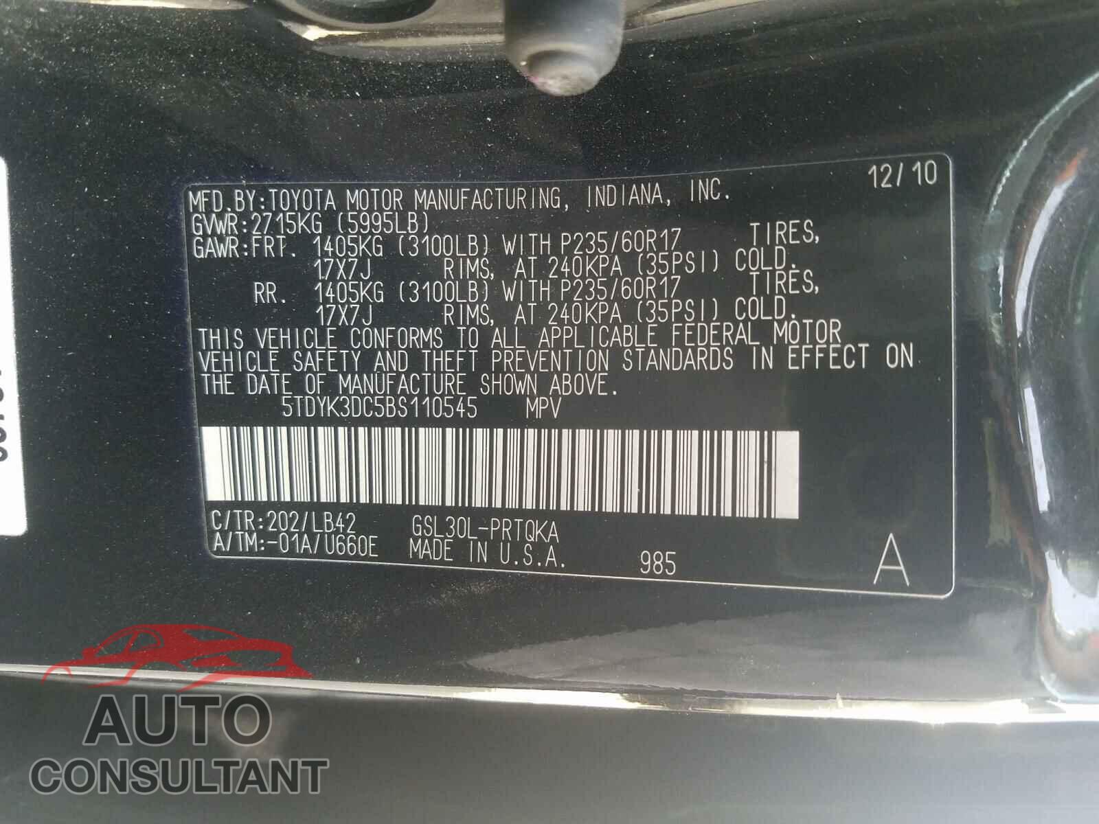 TOYOTA SIENNA 2011 - 5TDYK3DC5BS110545