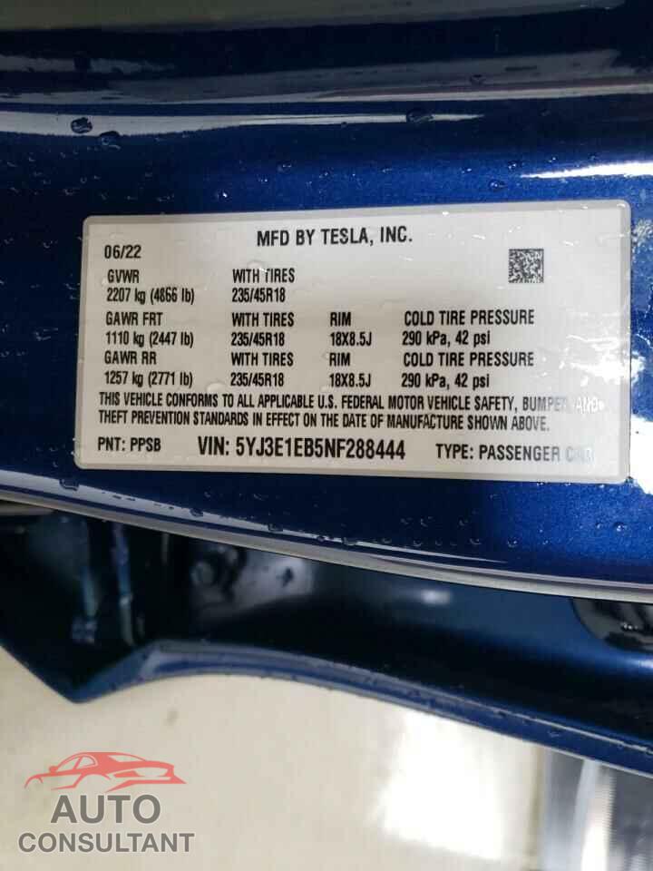 TESLA MODEL 3 2022 - 5YJ3E1EB5NF288444