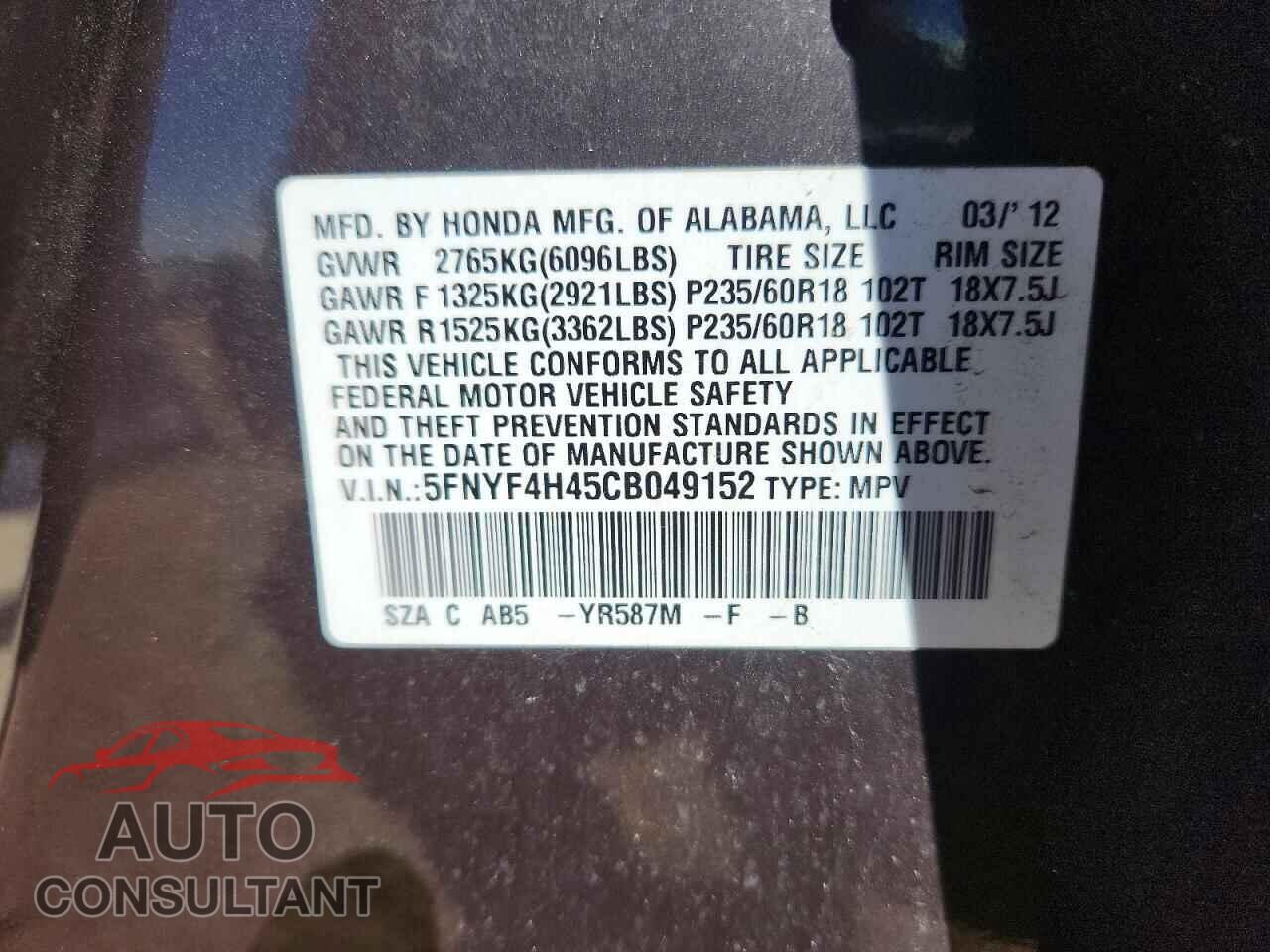 HONDA PILOT 2012 - 5FNYF4H45CB049152