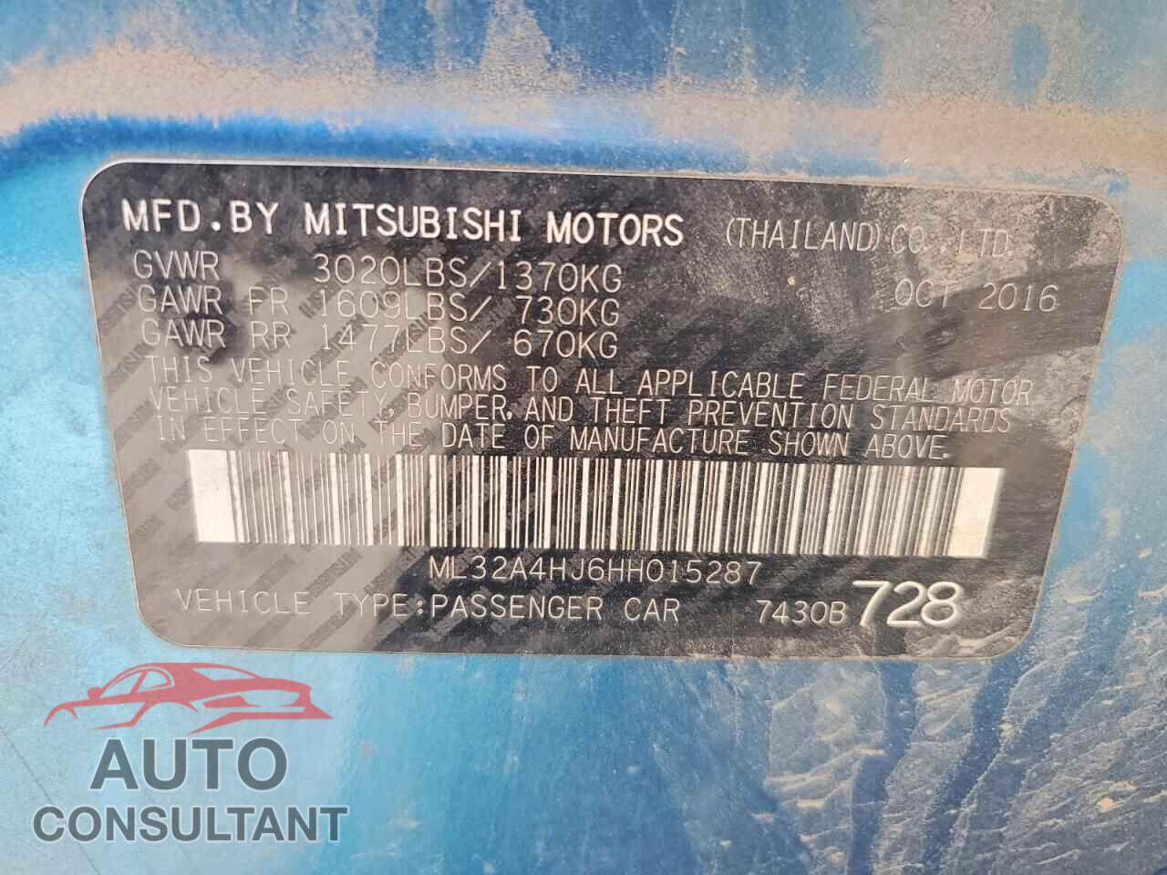 MITSUBISHI MIRAGE 2017 - ML32A4HJ6HH015287