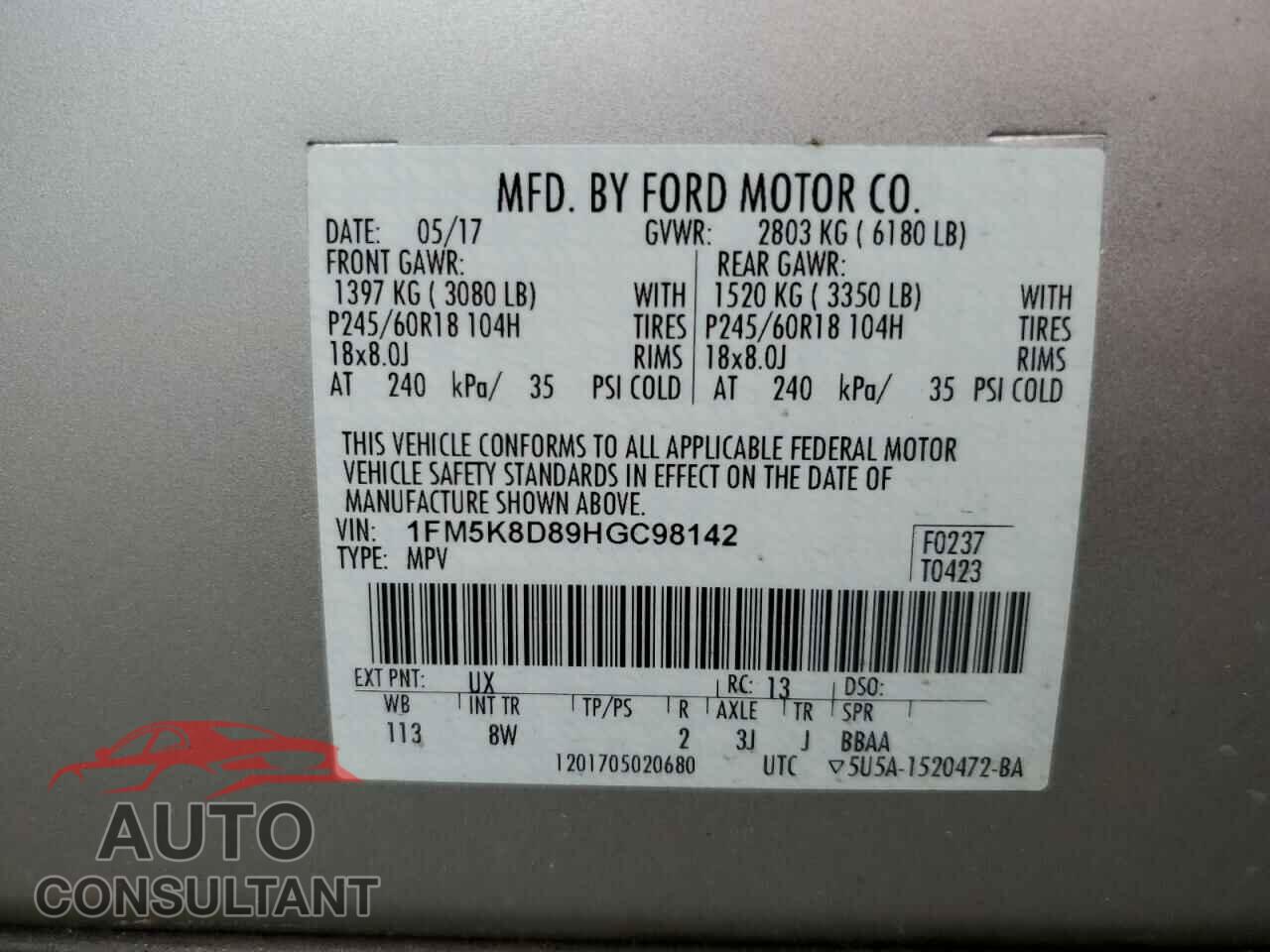 FORD EXPLORER 2017 - 1FM5K8D89HGC98142
