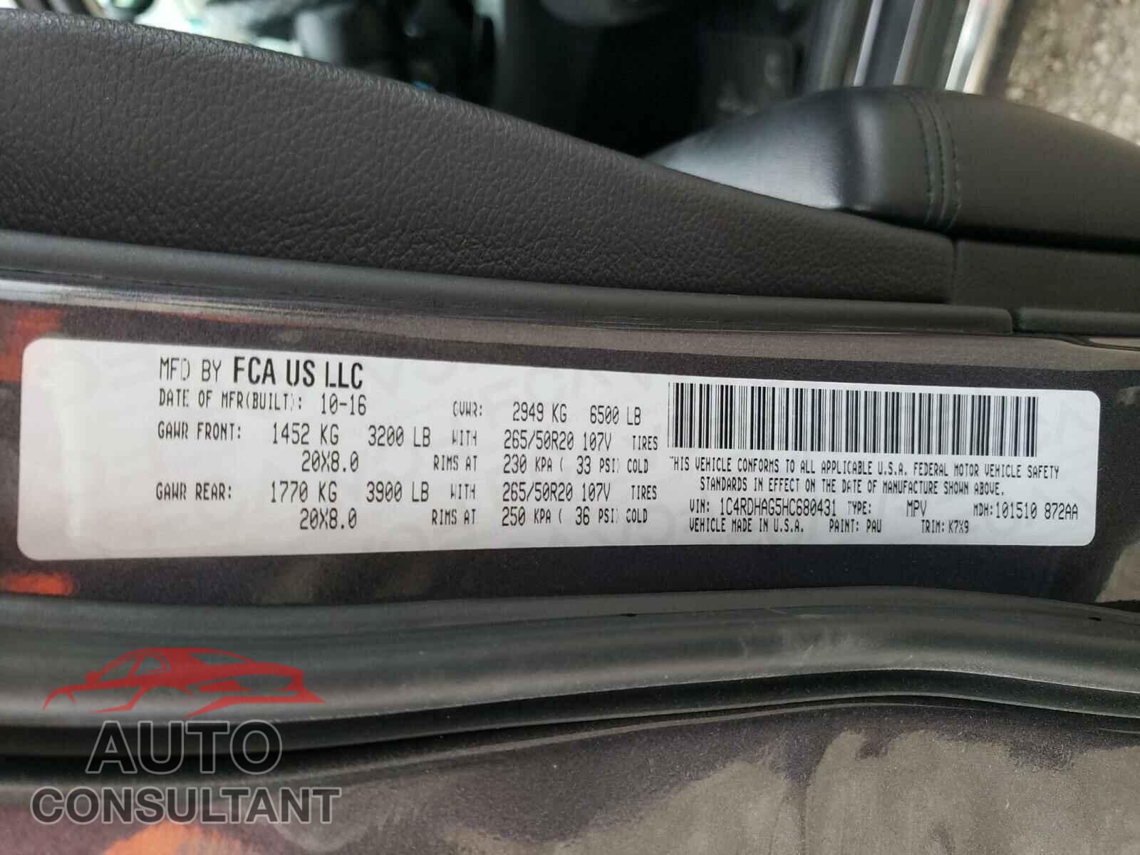 DODGE DURANGO 2017 - 1C4RDHAG5HC680431