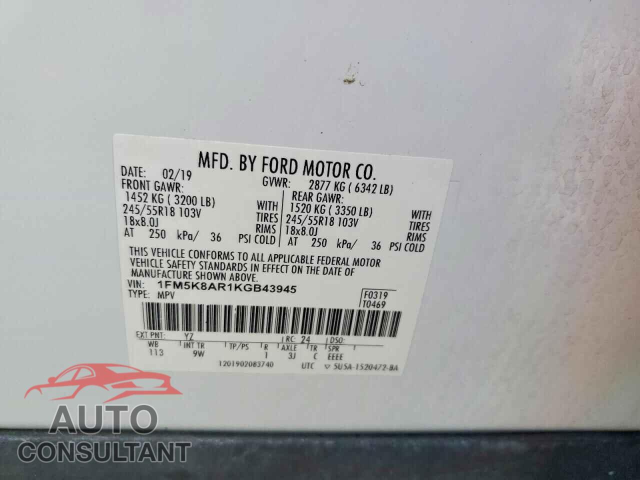 FORD EXPLORER 2019 - 1FM5K8AR1KGB43945