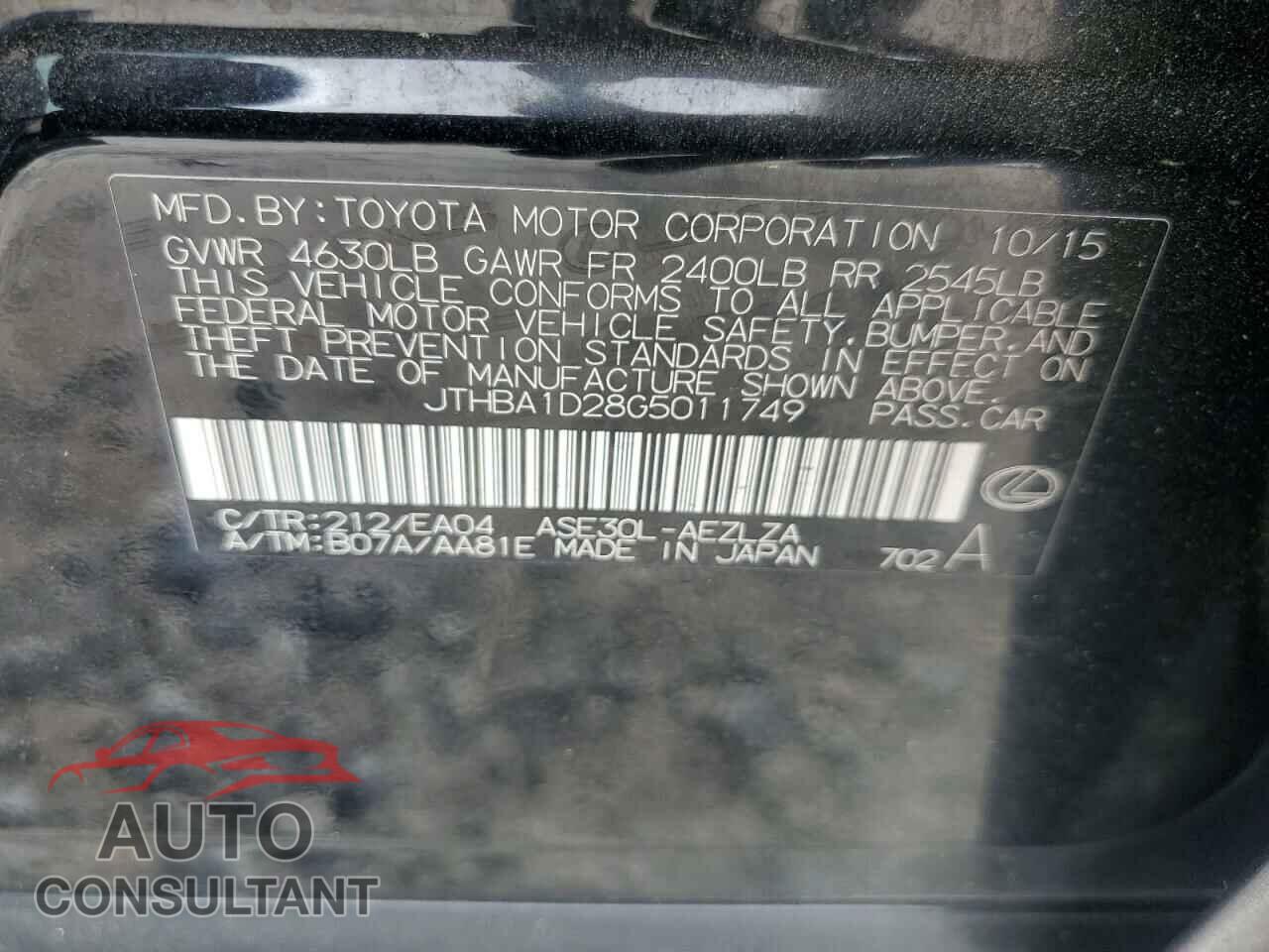 LEXUS IS 2016 - JTHBA1D28G5011749