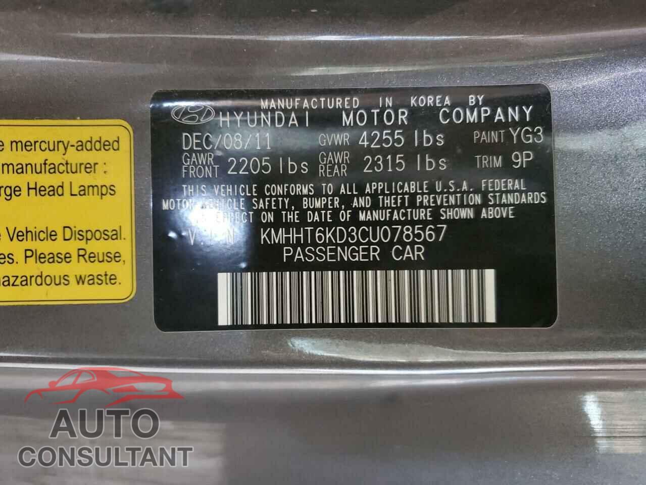 HYUNDAI GENESIS 2012 - KMHHT6KD3CU078567