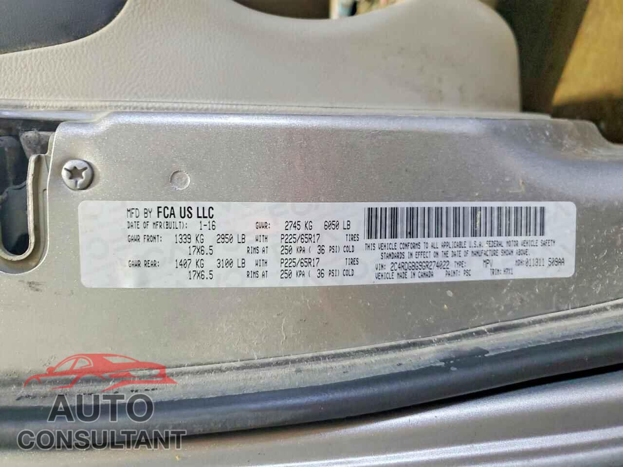 DODGE CARAVAN 2016 - 2C4RDGBG9GR274022