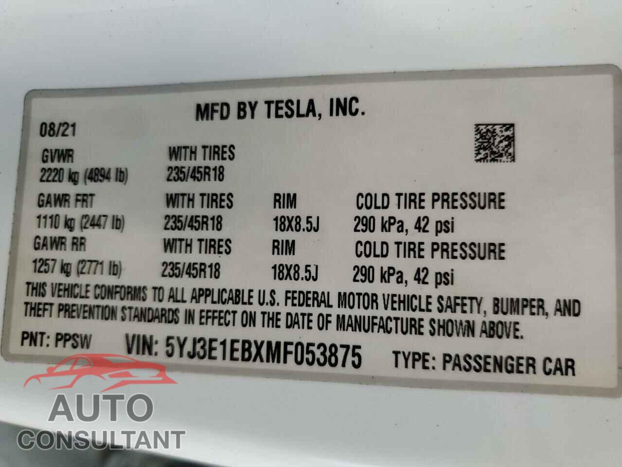 TESLA MODEL 3 2021 - 5YJ3E1EBXMF053875