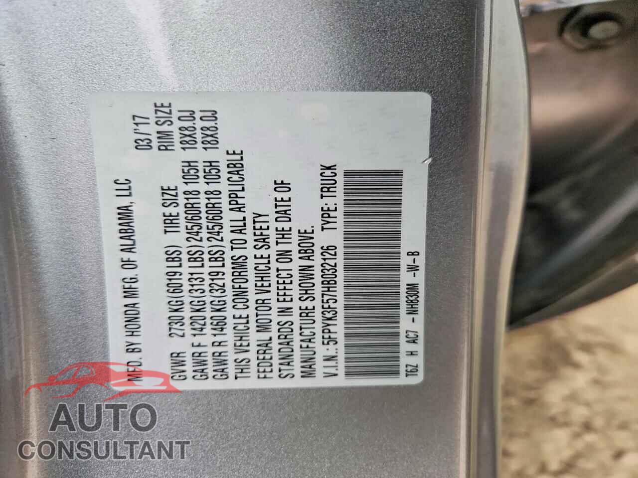 HONDA RIDGELINE 2017 - 5FPYK3F57HB032126