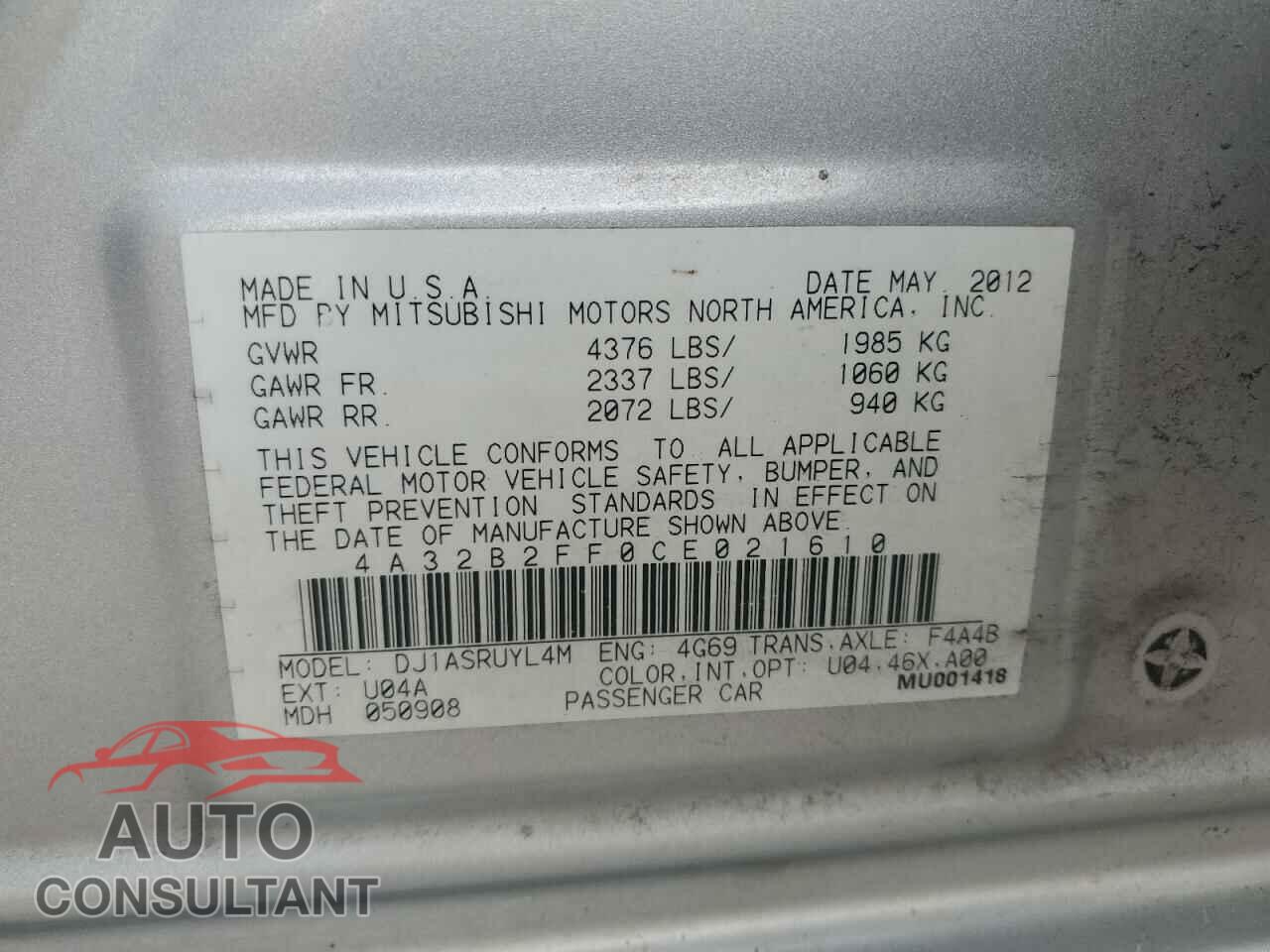 MITSUBISHI GALANT 2012 - 4A32B2FF0CE021610